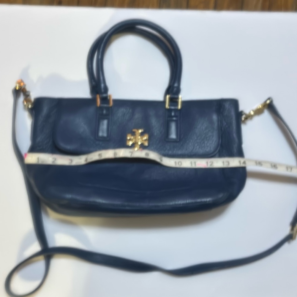 Tory Burch Navy Blue Leather Shoulder Bag with Structured Design